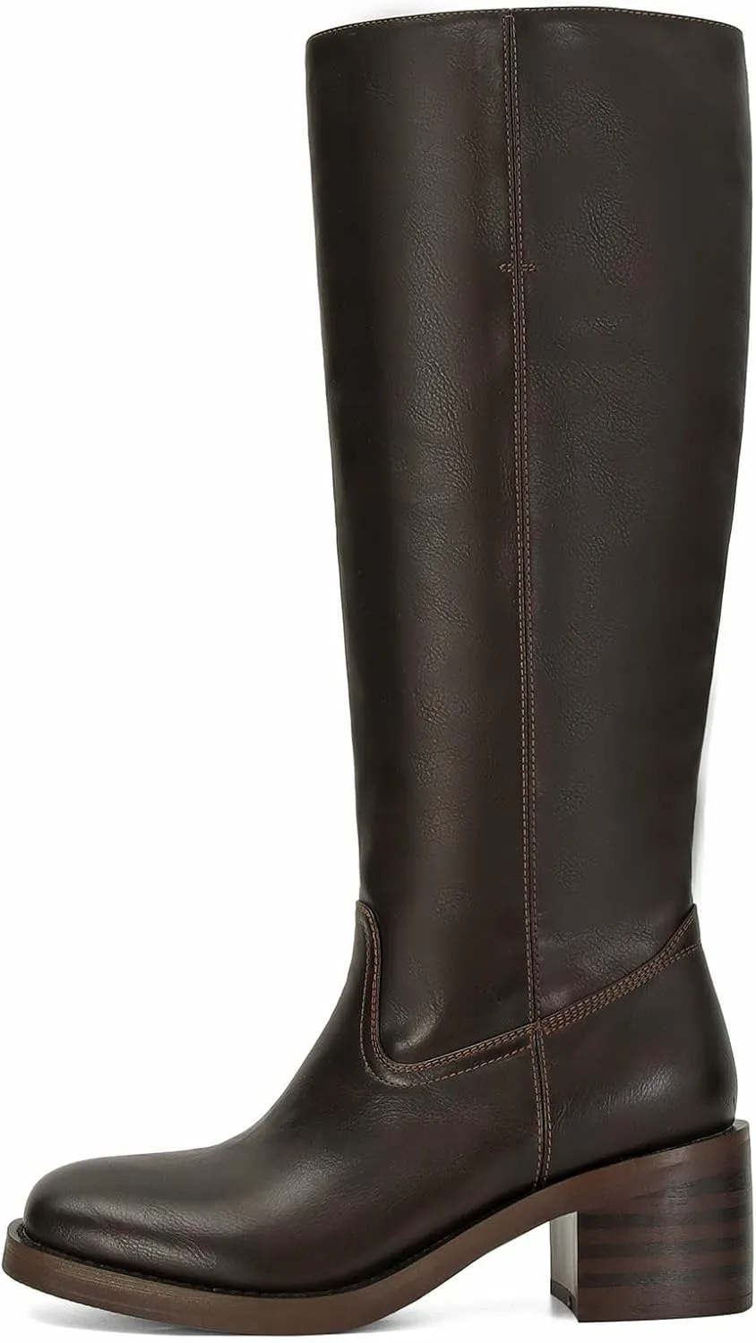 Womens Banana Knee High Boots Square Toe Comfortable Campus Boots Block Heel Riding Boots Wide Calf Long Tall Boots