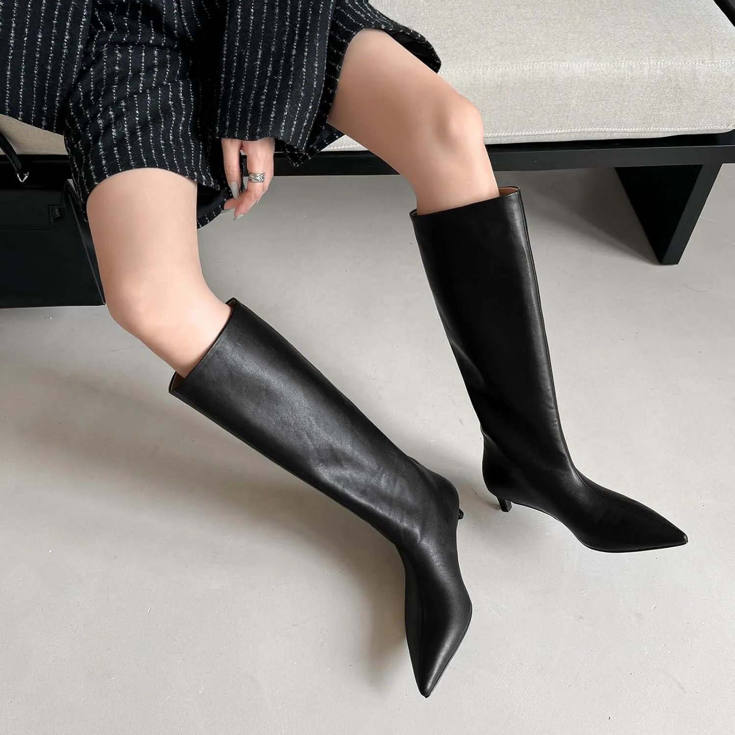 Womens Boots Knee High Kitten Heel Tall Boots For Women Pointed Toe Low Heel Fahion Fall Dress Long Boots