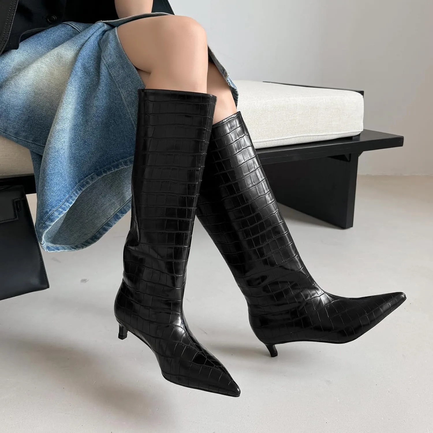 Womens Boots Knee High Kitten Heel Tall Boots For Women Pointed Toe Low Heel Fahion Fall Dress Long Boots