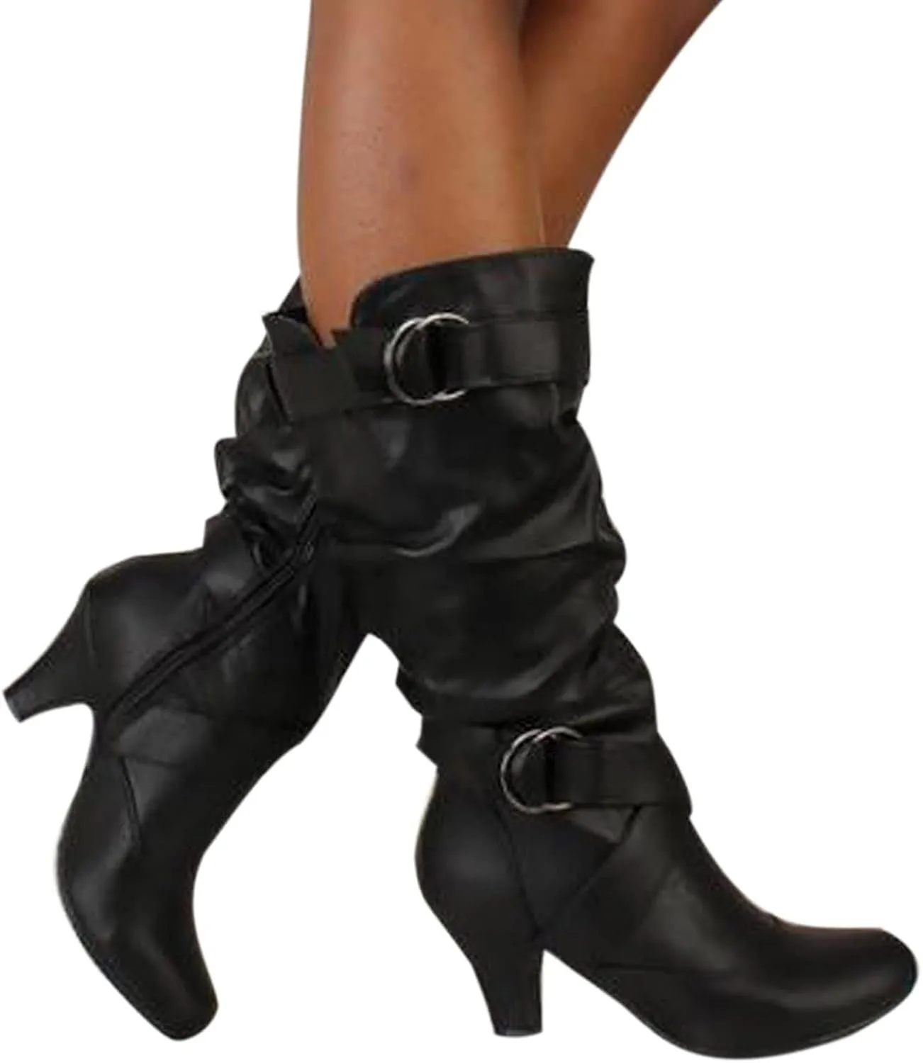 Women's Boots Mid Calf Chunky Heel Dress Boots Buckle Strap Slouchy Leather Side Zipper Pointed Toe Comfortable Western Cowboy Boots