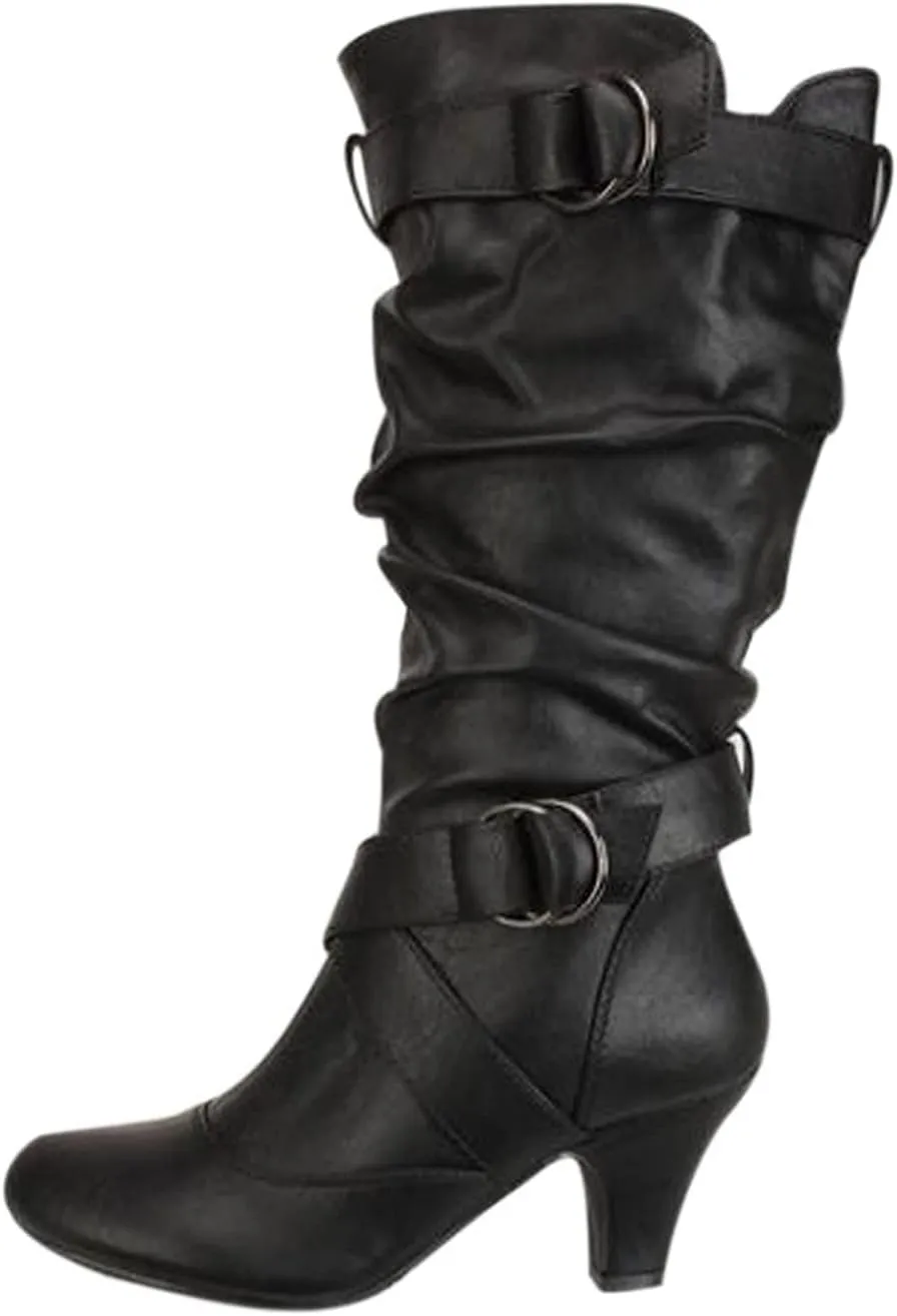 Women's Boots Mid Calf Chunky Heel Dress Boots Buckle Strap Slouchy Leather Side Zipper Pointed Toe Comfortable Western Cowboy Boots