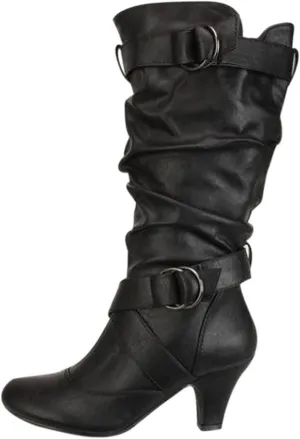 Women's Boots Mid Calf Chunky Heel Dress Boots Buckle Strap Slouchy Leather Side Zipper Pointed Toe Comfortable Western Cowboy Boots