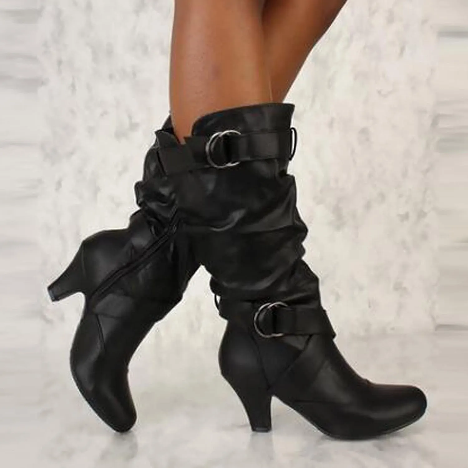 Women's Boots Mid Calf Chunky Heel Dress Boots Buckle Strap Slouchy Leather Side Zipper Pointed Toe Comfortable Western Cowboy Boots