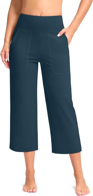 Women's Capri Pants with Pockets High Waist Yoga Pants Wide Leg Workout Crop Summer Pants for Casual, Travel, Exercise