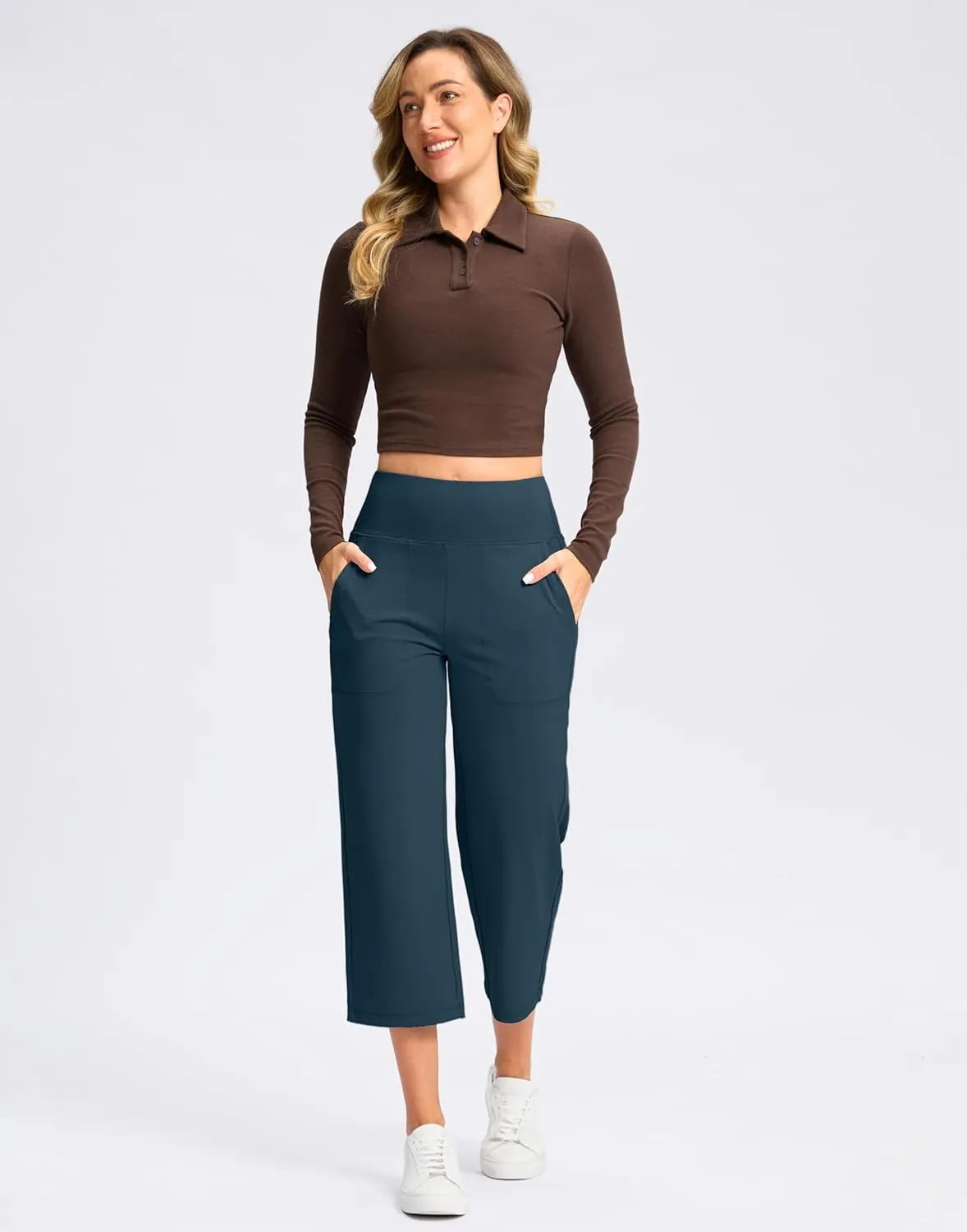 Women's Capri Pants with Pockets High Waist Yoga Pants Wide Leg Workout Crop Summer Pants for Casual, Travel, Exercise