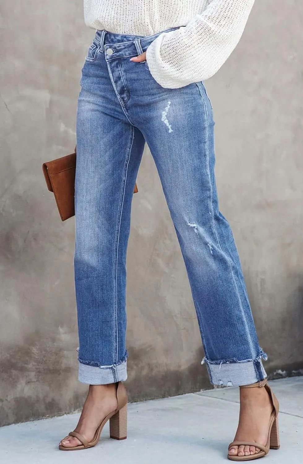 Womens Cargo Denim Jeans High Waisted Stretchy Flap Pocket Straight Leg Pants
