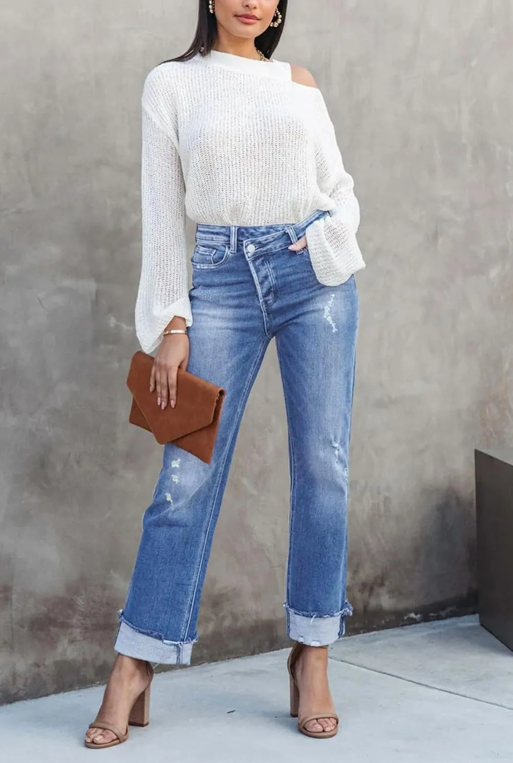 Womens Cargo Denim Jeans High Waisted Stretchy Flap Pocket Straight Leg Pants