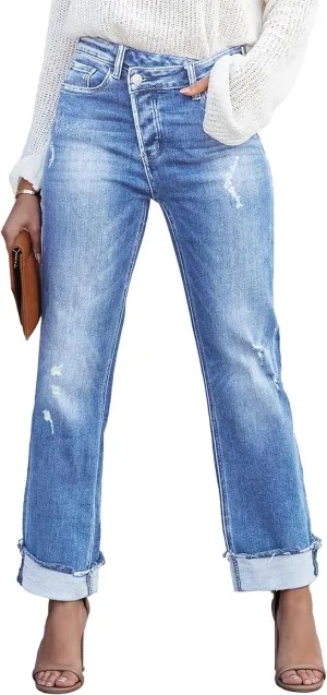 Womens Cargo Denim Jeans High Waisted Stretchy Flap Pocket Straight Leg Pants
