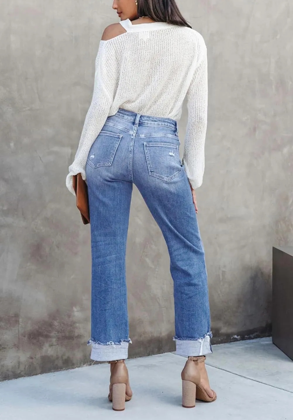 Womens Cargo Denim Jeans High Waisted Stretchy Flap Pocket Straight Leg Pants