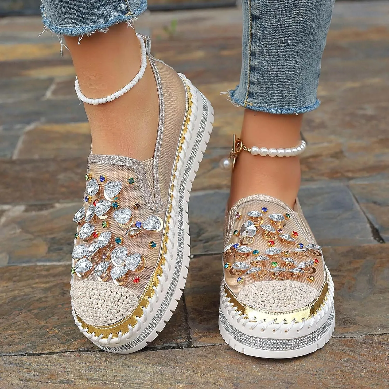 Women's Casual Slip On Loafers Fashion Breathable Mesh Platform Shoes with Rhinestone Decorations for Spring