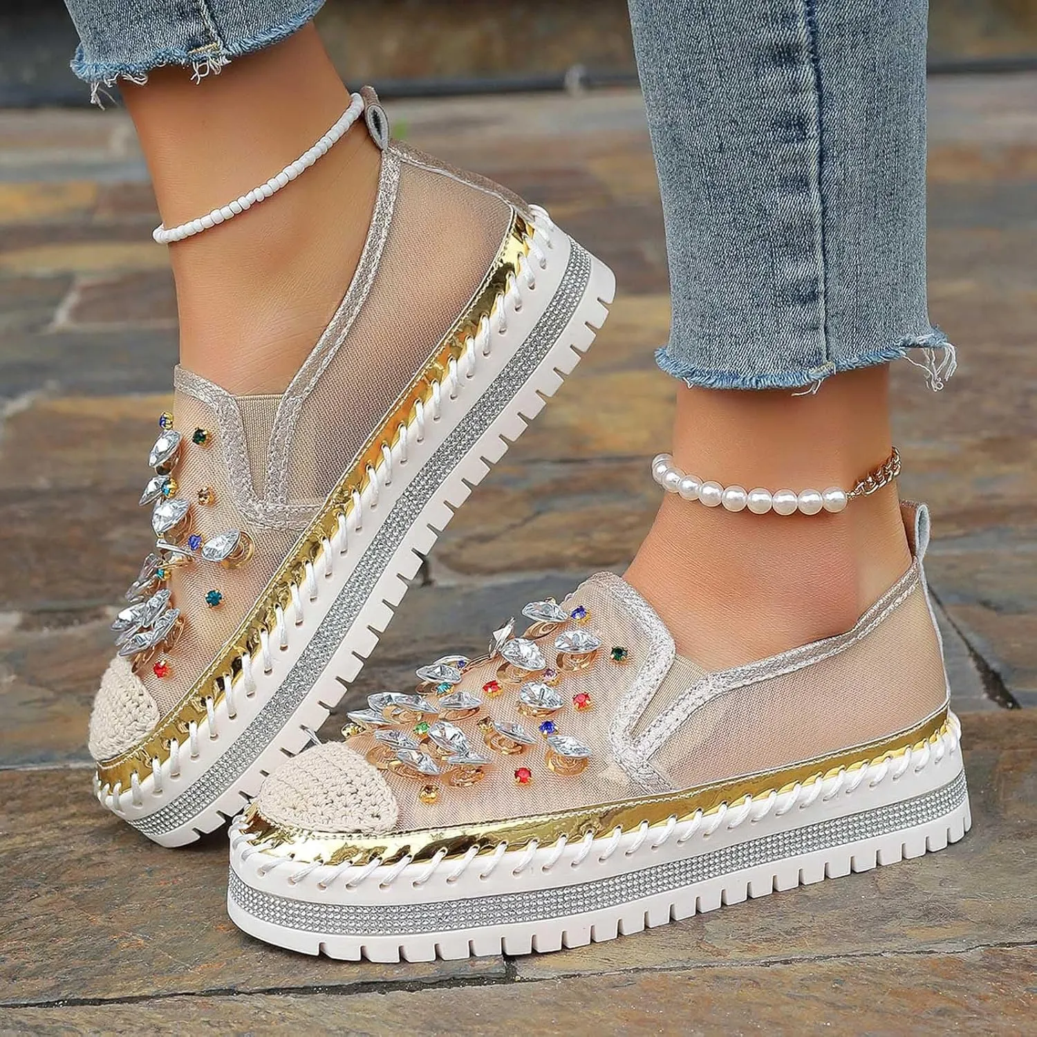 Women's Casual Slip On Loafers Fashion Breathable Mesh Platform Shoes with Rhinestone Decorations for Spring