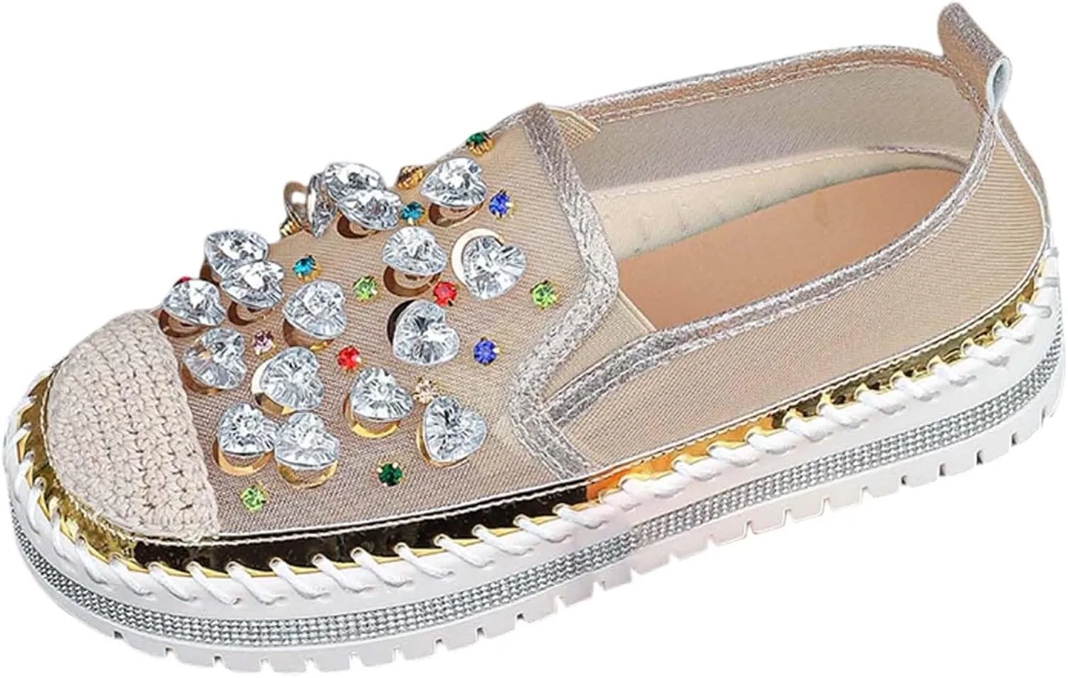 Women's Casual Slip On Loafers Fashion Breathable Mesh Platform Shoes with Rhinestone Decorations for Spring