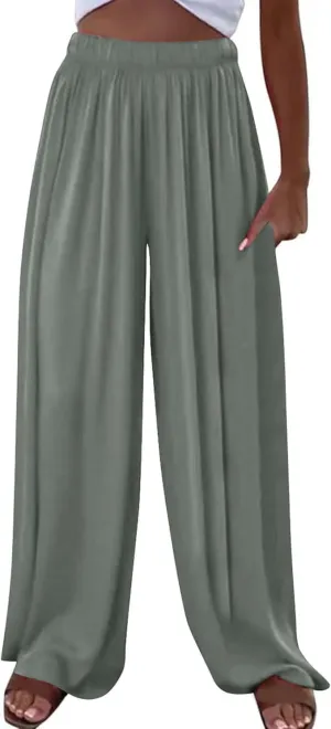 Women's Casual Wide Leg Loose Fashion Trousers Elastic Waisted Palazzo Pants Lounge Work Trouser with Pockets