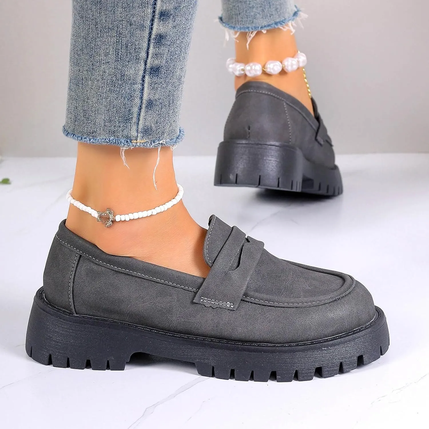 Womens Chunky Loafers Platform Work Shoes Dress Penny Loafers Comfortable Office Shoes Casual Leather Shoes