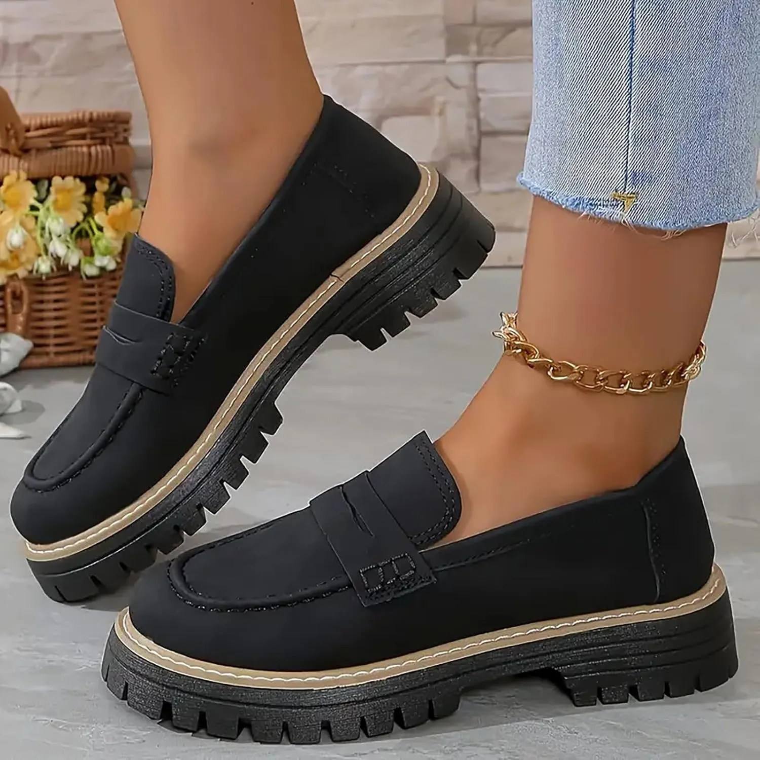 Womens Chunky Loafers Platform Work Shoes Dress Penny Loafers Comfortable Office Shoes Casual Leather Shoes