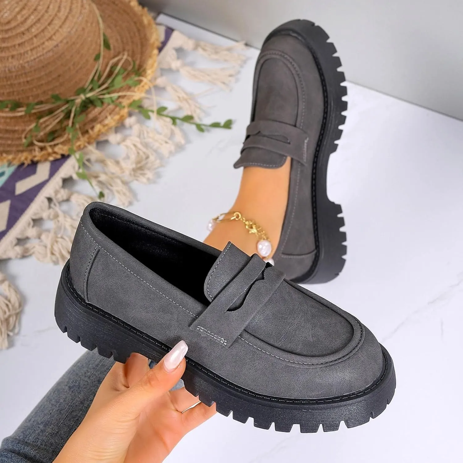 Womens Chunky Loafers Platform Work Shoes Dress Penny Loafers Comfortable Office Shoes Casual Leather Shoes