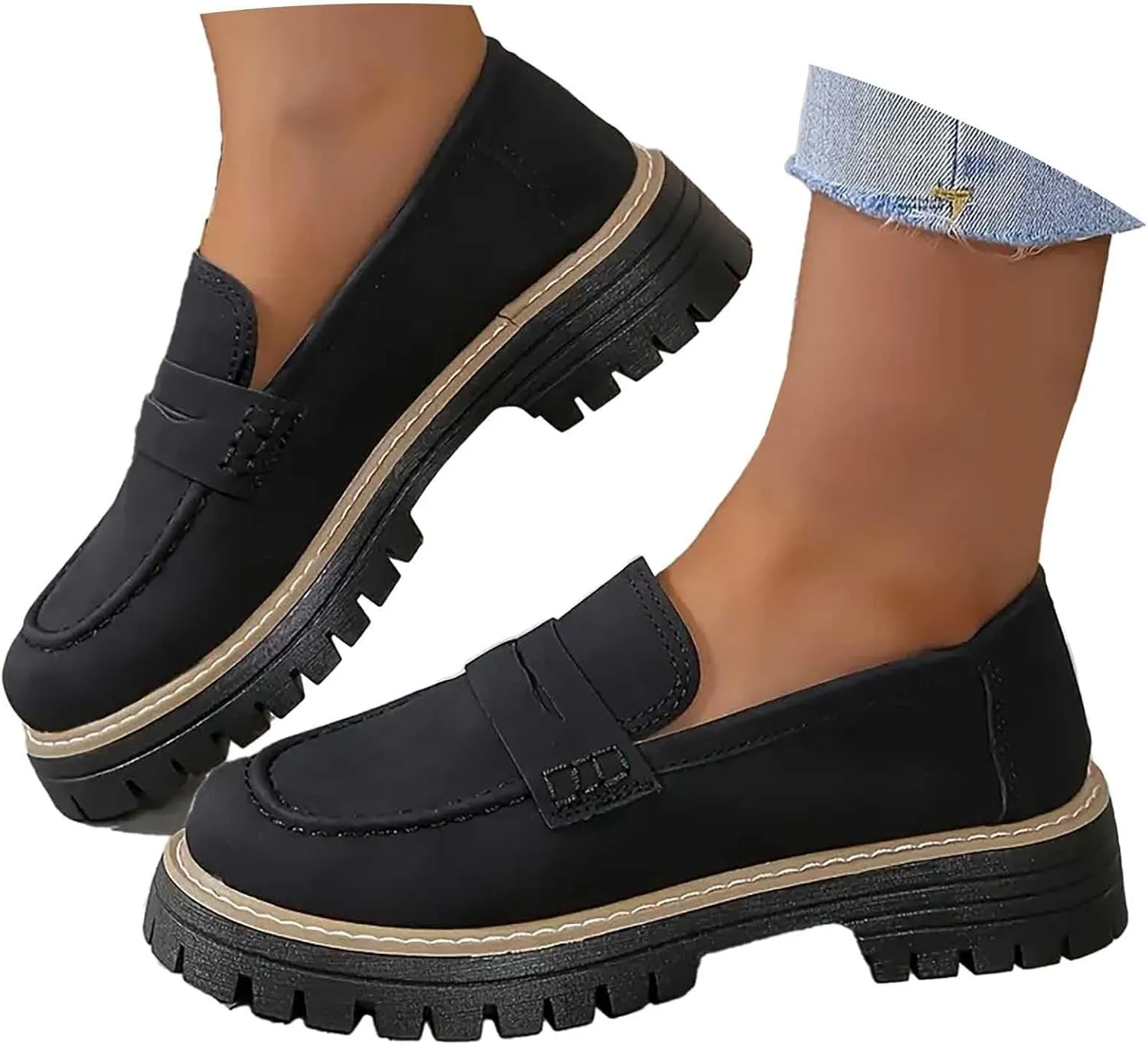 Womens Chunky Loafers Platform Work Shoes Dress Penny Loafers Comfortable Office Shoes Casual Leather Shoes