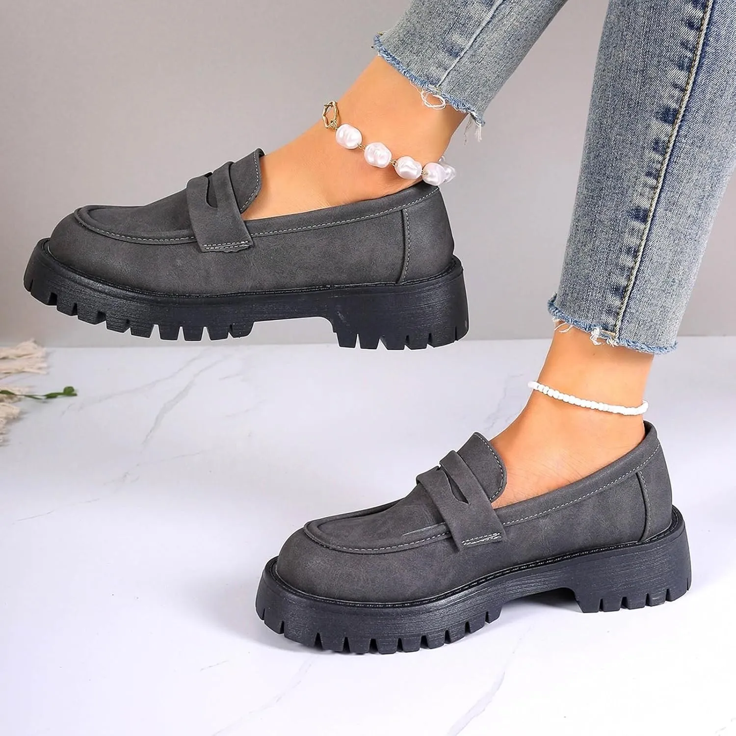 Womens Chunky Loafers Platform Work Shoes Dress Penny Loafers Comfortable Office Shoes Casual Leather Shoes