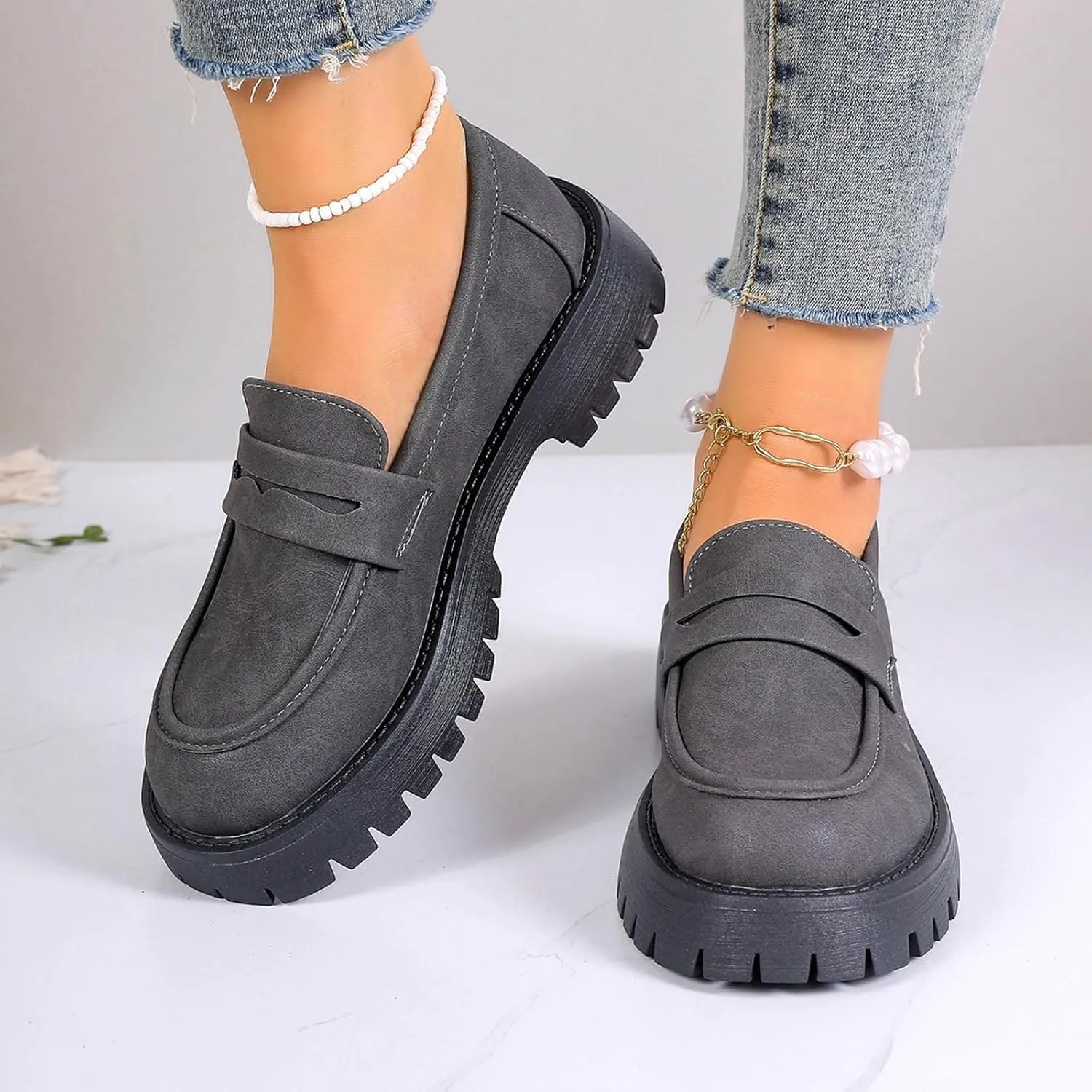 Womens Chunky Loafers Platform Work Shoes Dress Penny Loafers Comfortable Office Shoes Casual Leather Shoes