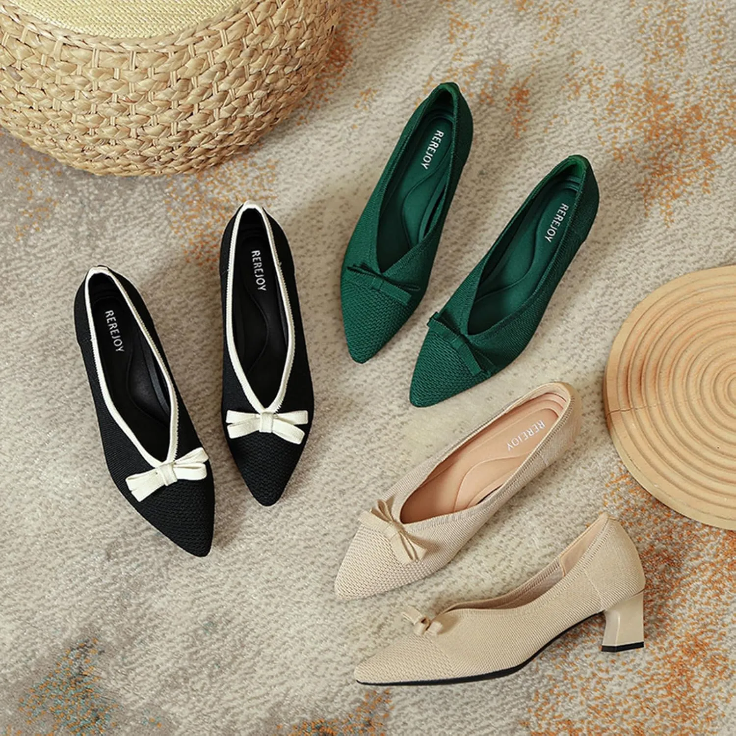 Women's Classic Pointed Toe Knit Bow Low Heeled Loafers Retro Shallow Slip Heel Casual Daily Workwear Office Shoes Dress Shoes Loafers