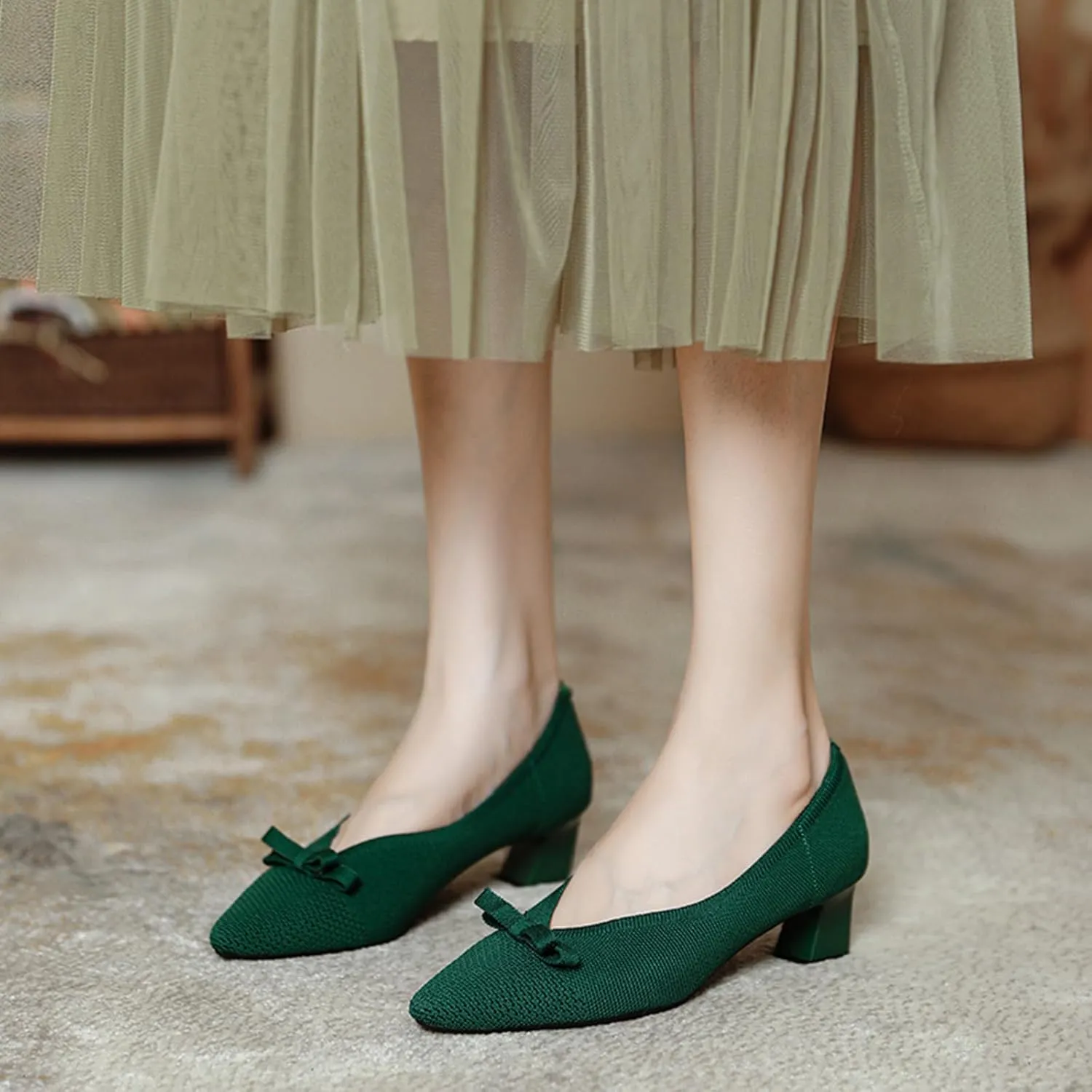 Women's Classic Pointed Toe Knit Bow Low Heeled Loafers Retro Shallow Slip Heel Casual Daily Workwear Office Shoes Dress Shoes Loafers