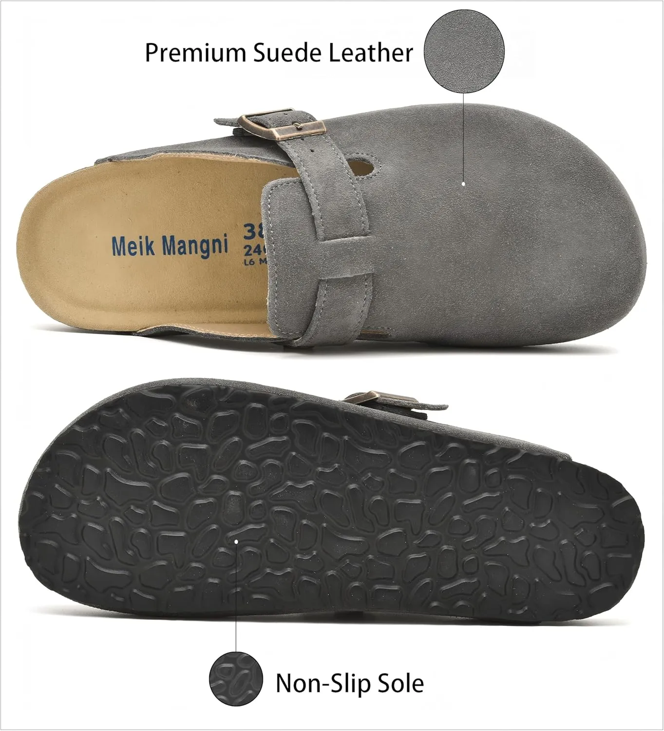 Womens Clogs Soft Leather Mules Cork Footbed Sandals Non-Slip Comfort Potato Shoes