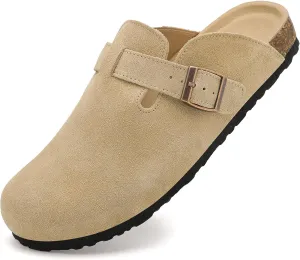 Womens Clogs Soft Leather Mules Cork Footbed Sandals Non-Slip Comfort Potato Shoes
