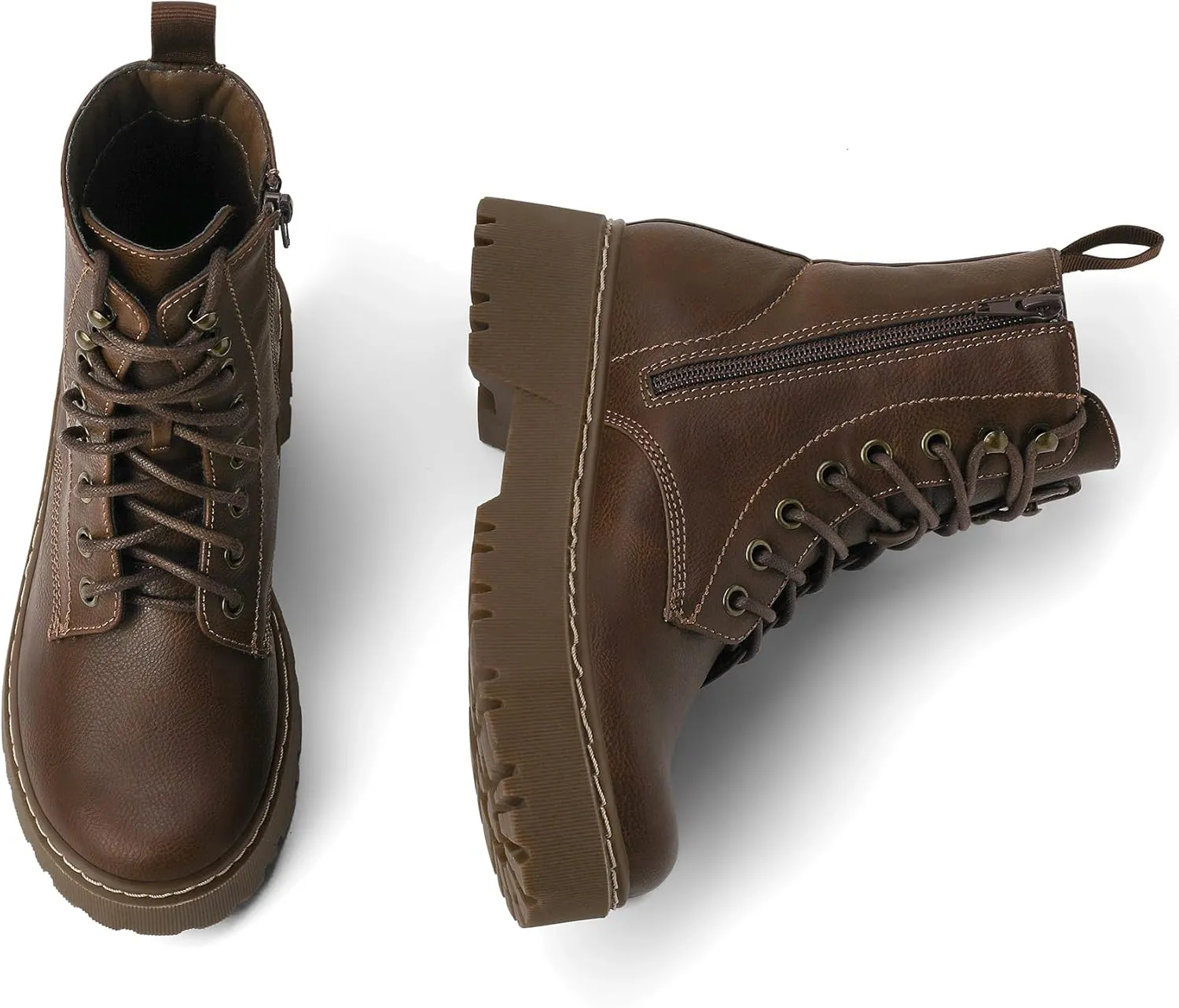 Women's Combat Ankle Boots Lace up Platform Lug Sole Chunky Low Heel Booties with Side Zipper