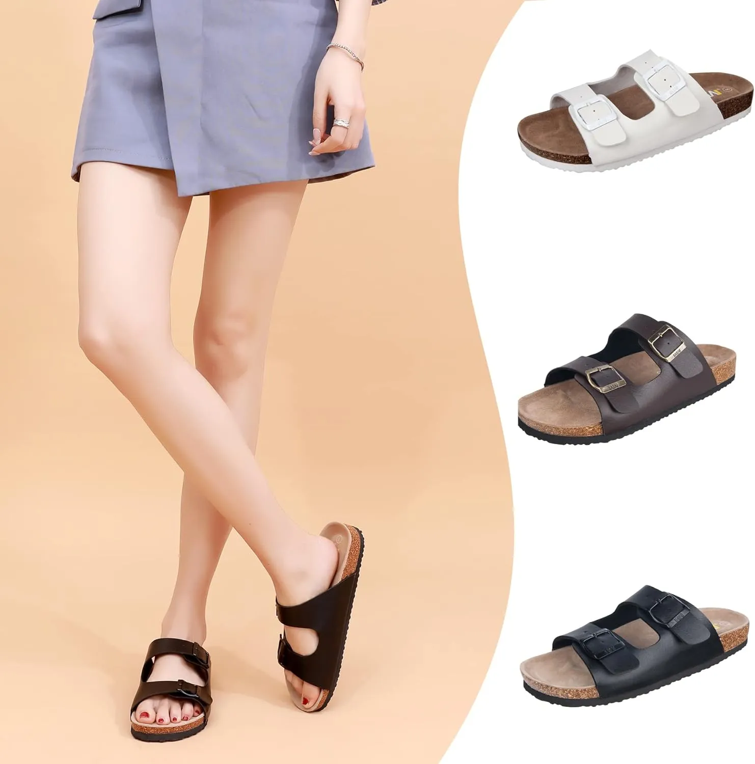 Women's Comfort Slides for Women Cow Suede Cork Footbed Sandals with Adjustable Strap Buckle Open Toe Beach Sandals