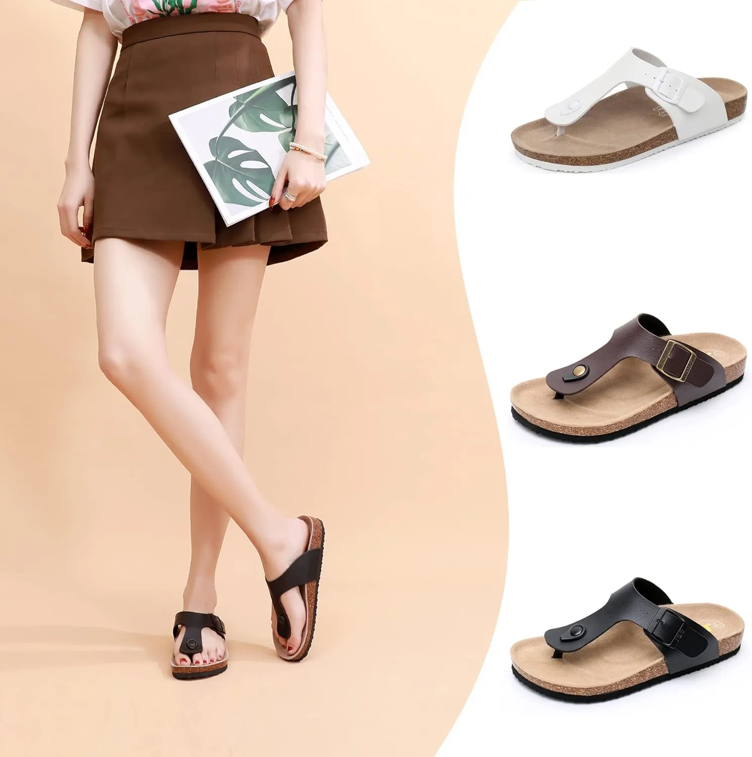 Women's Comfort Slides for Women Cow Suede Cork Footbed Sandals with Adjustable Strap Buckle Open Toe Beach Sandals