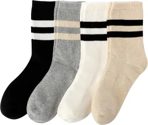 Women's Cotton Striped Crew Socks- Seamless Toe Casual Ankle Socks, Breathable Soft Athletic Running Socks for Women Size 6-9, 4-Prs