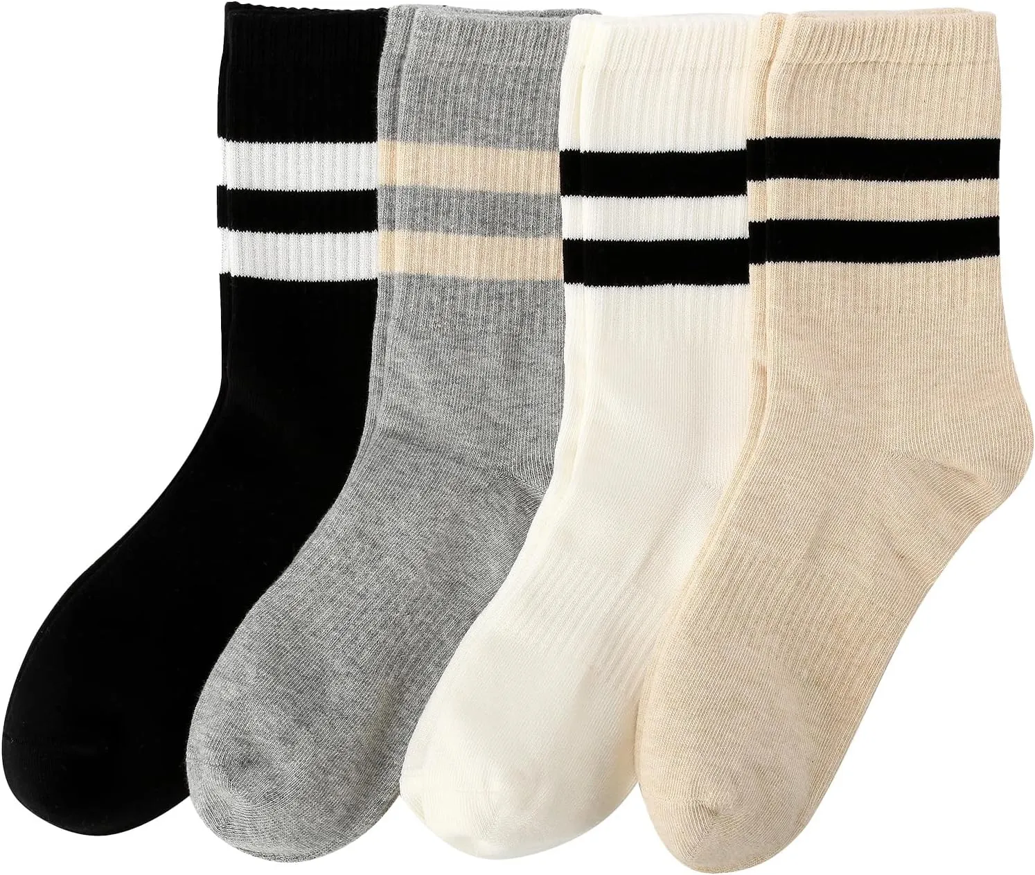 Women's Cotton Striped Crew Socks- Seamless Toe Casual Ankle Socks, Breathable Soft Athletic Running Socks for Women Size 6-9, 4-Prs
