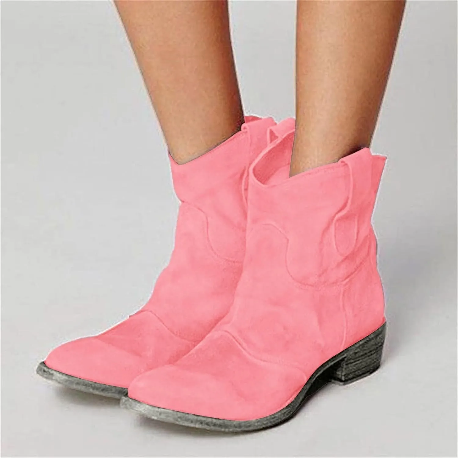 Women's Cowboy Boots Mid Calf Round Toe Low Heel Cowgirl Ankle Boots with Pull On Tabs Country Boots Women Fall Boots