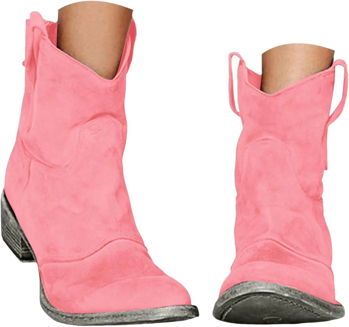 Women's Cowboy Boots Mid Calf Round Toe Low Heel Cowgirl Ankle Boots with Pull On Tabs Country Boots Women Fall Boots