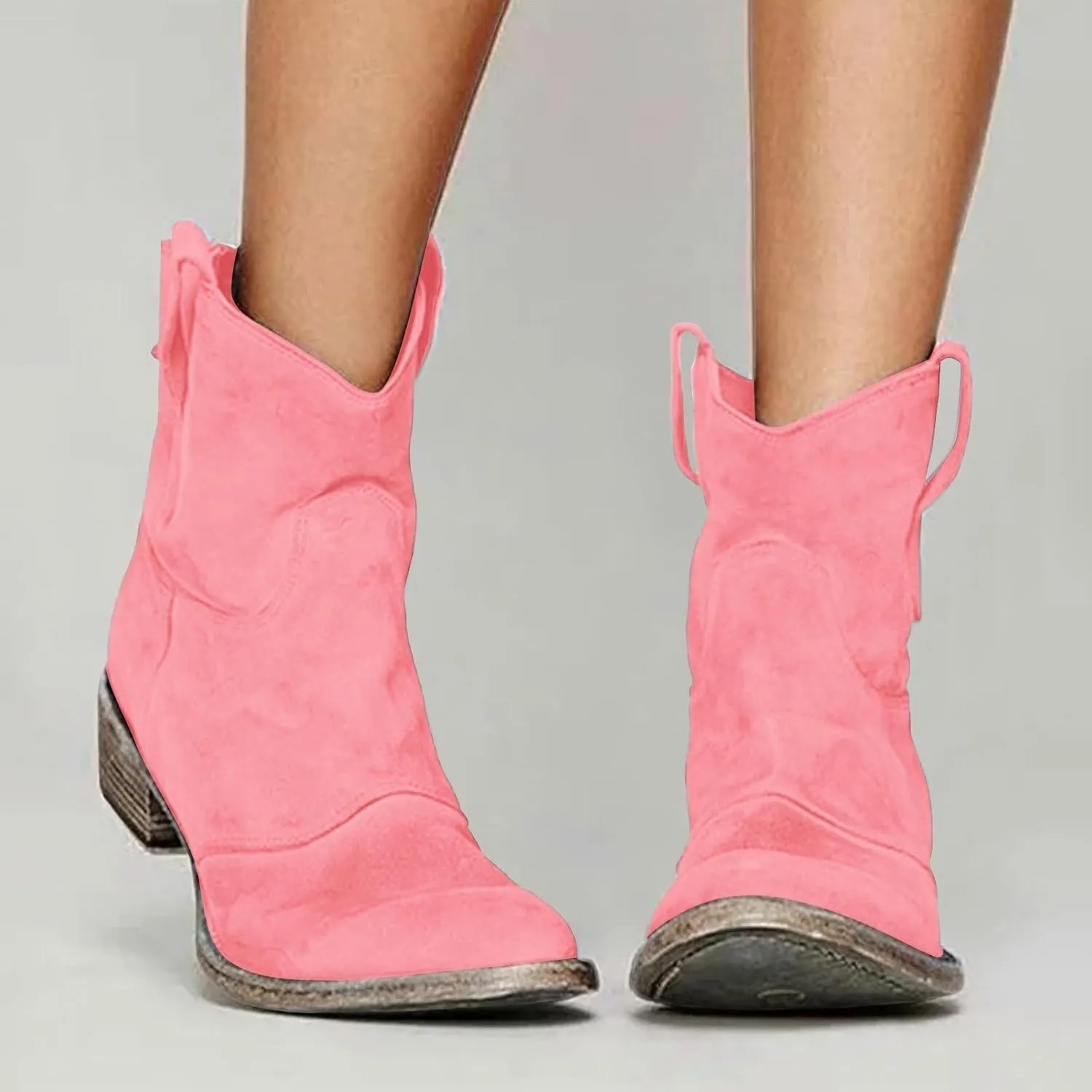 Women's Cowboy Boots Mid Calf Round Toe Low Heel Cowgirl Ankle Boots with Pull On Tabs Country Boots Women Fall Boots