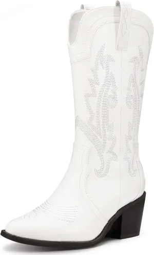 Women's Cowboy Boots Pointed Toe Western Boots Embroidered Mid-Calf Chunky Block Heel Cowgirl Boots