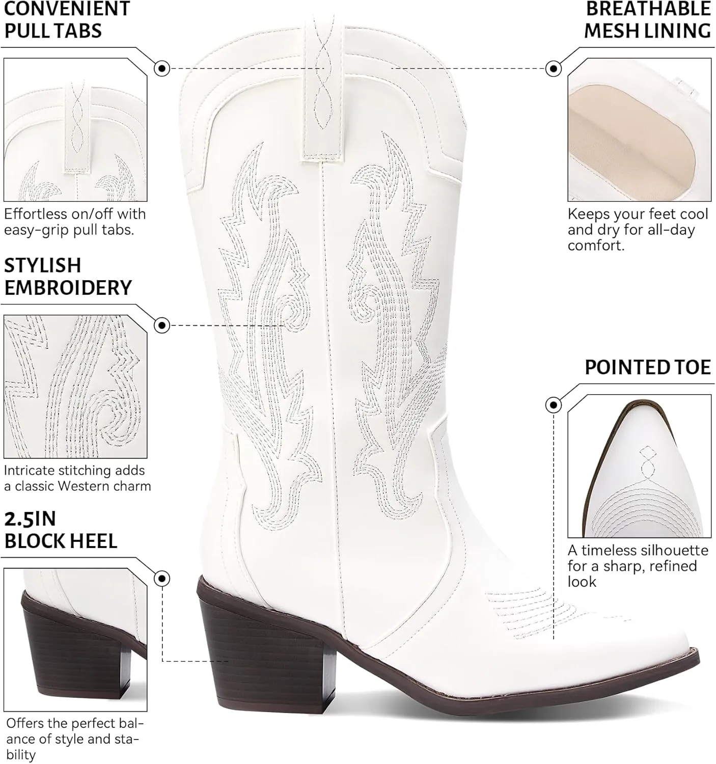 Women's Cowboy Boots Pointed Toe Western Boots Embroidered Mid-Calf Chunky Block Heel Cowgirl Boots