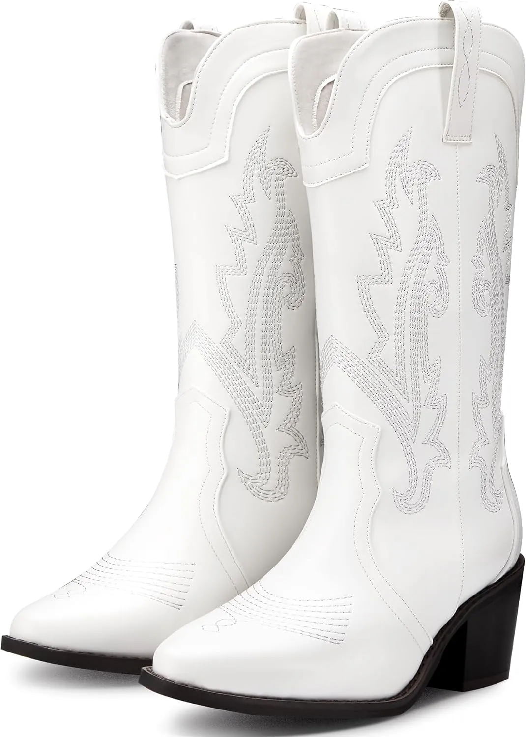 Women's Cowboy Boots Pointed Toe Western Boots Embroidered Mid-Calf Chunky Block Heel Cowgirl Boots