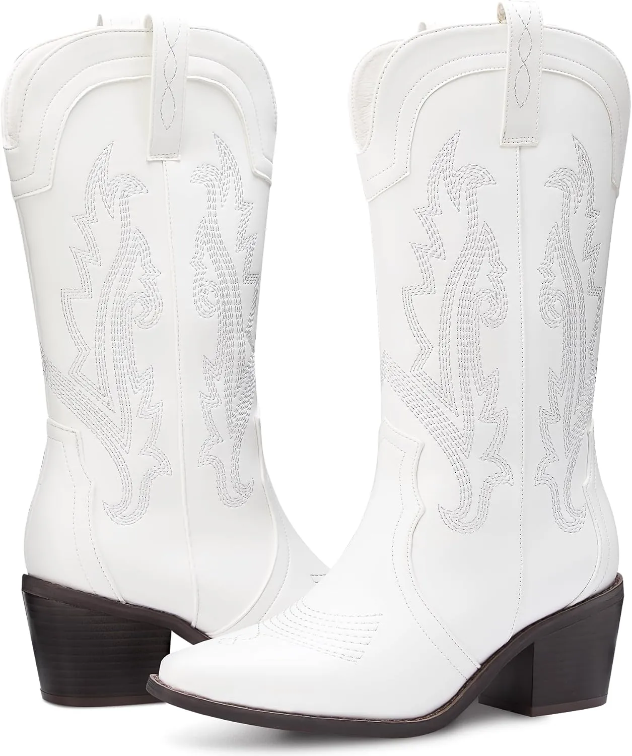 Women's Cowboy Boots Pointed Toe Western Boots Embroidered Mid-Calf Chunky Block Heel Cowgirl Boots
