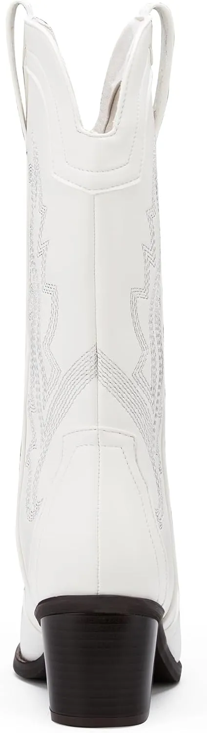 Women's Cowboy Boots Pointed Toe Western Boots Embroidered Mid-Calf Chunky Block Heel Cowgirl Boots