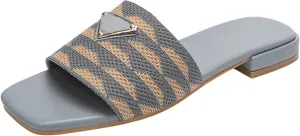 Womens Embroidered Slides Flat Sandals Summer Square Open Toe Beach Fashion Slide Sandals