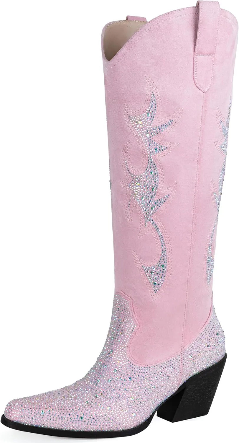 Women's Embroidered Wide Calf Western Cowgirl High Knee Boots Pull On Pointed Toe Cowboy Tall Boots for Ladies