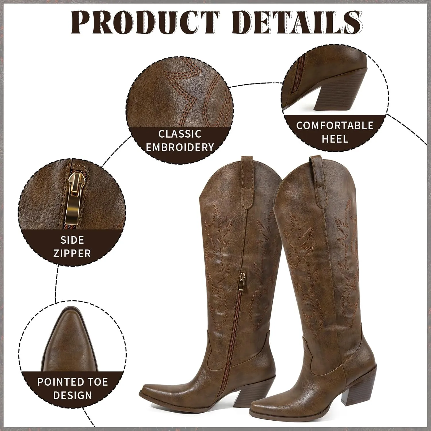 Women's Embroidered Wide Calf Western Cowgirl High Knee Boots Pull On Pointed Toe Cowboy Tall Boots for Ladies