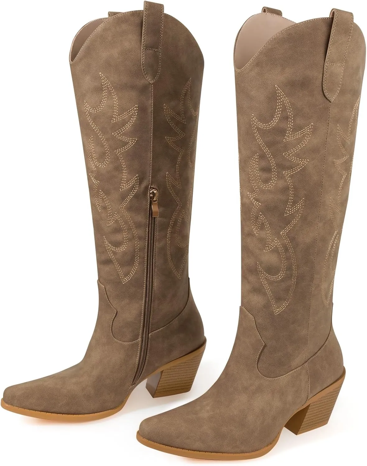 Women's Embroidered Wide Calf Western Cowgirl High Knee Boots Pull On Pointed Toe Cowboy Tall Boots for Ladies