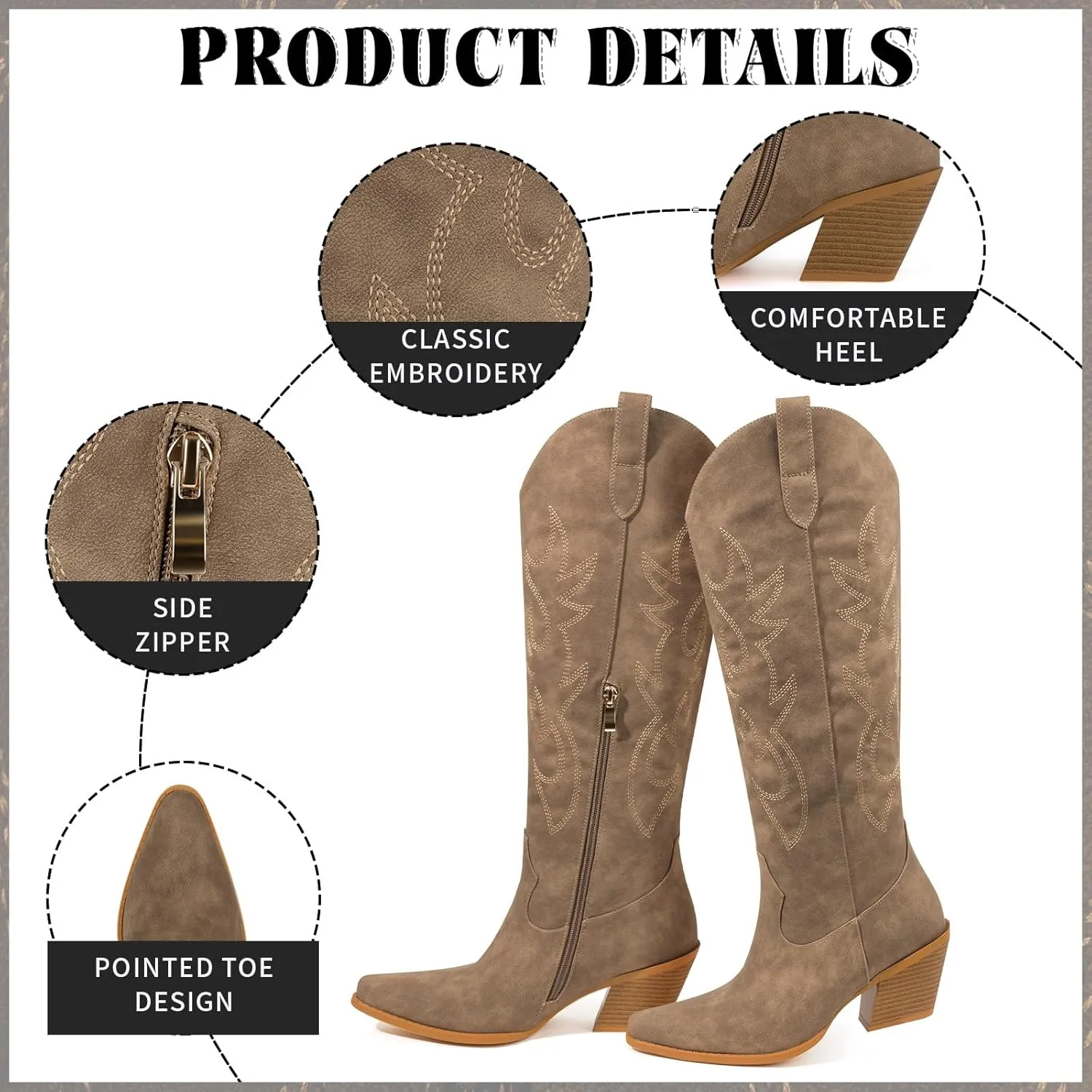 Women's Embroidered Wide Calf Western Cowgirl High Knee Boots Pull On Pointed Toe Cowboy Tall Boots for Ladies