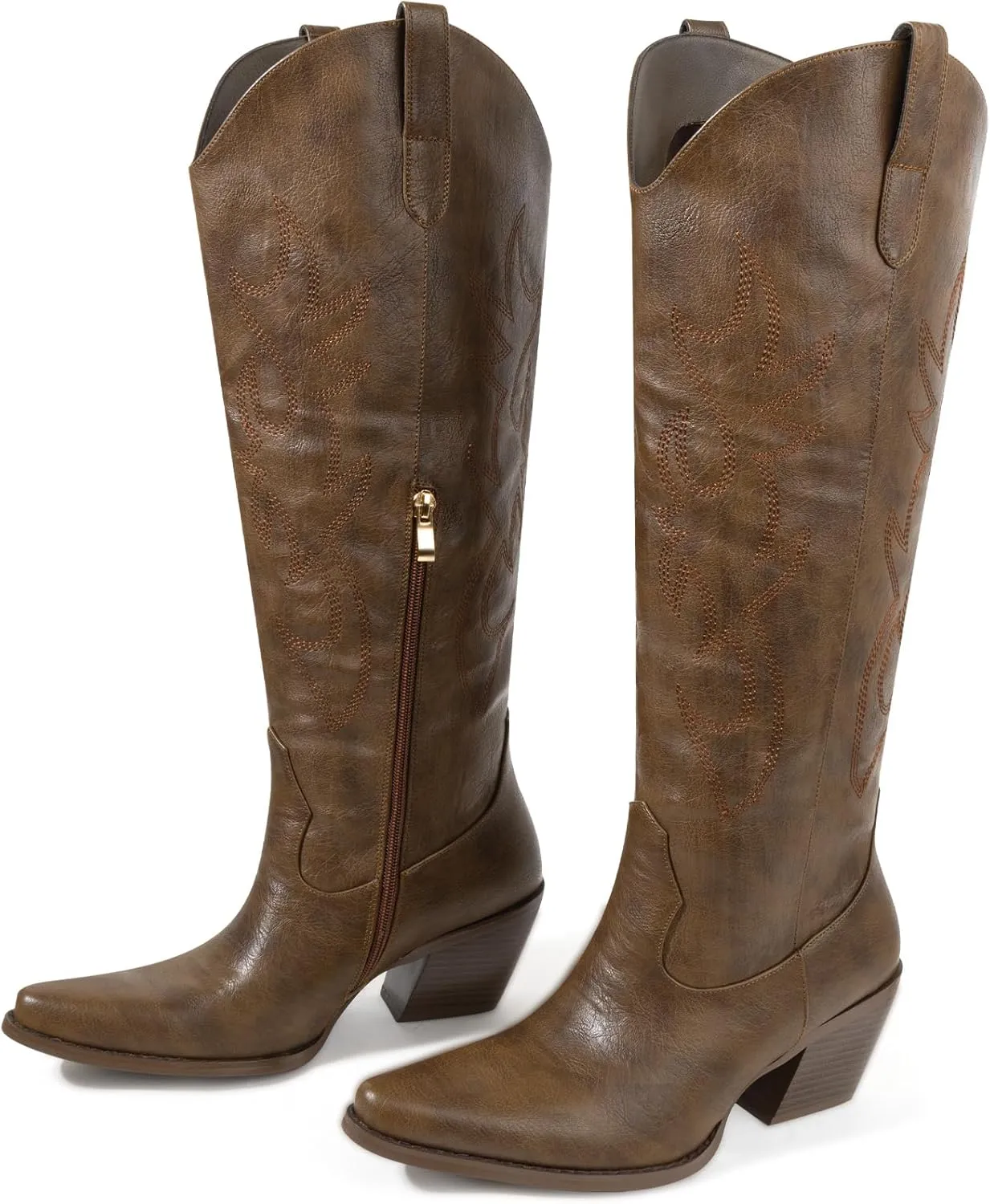 Women's Embroidered Wide Calf Western Cowgirl High Knee Boots Pull On Pointed Toe Cowboy Tall Boots for Ladies