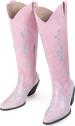 Women's Embroidered Wide Calf Western Cowgirl High Knee Boots Pull On Pointed Toe Cowboy Tall Boots for Ladies