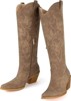 Women's Embroidered Wide Calf Western Cowgirl High Knee Boots Pull On Pointed Toe Cowboy Tall Boots for Ladies