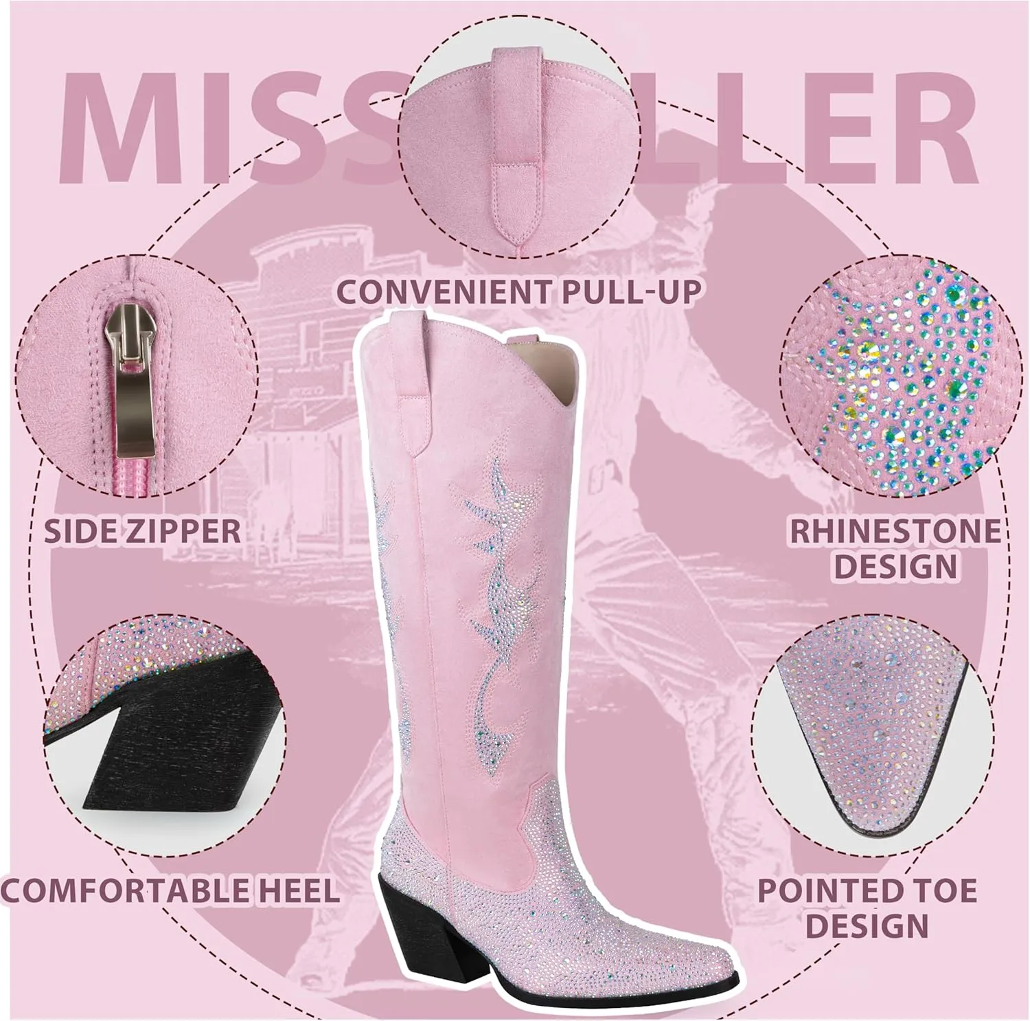 Women's Embroidered Wide Calf Western Cowgirl High Knee Boots Pull On Pointed Toe Cowboy Tall Boots for Ladies