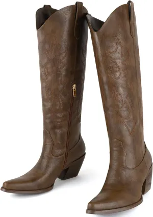 Women's Embroidered Wide Calf Western Cowgirl High Knee Boots Pull On Pointed Toe Cowboy Tall Boots for Ladies